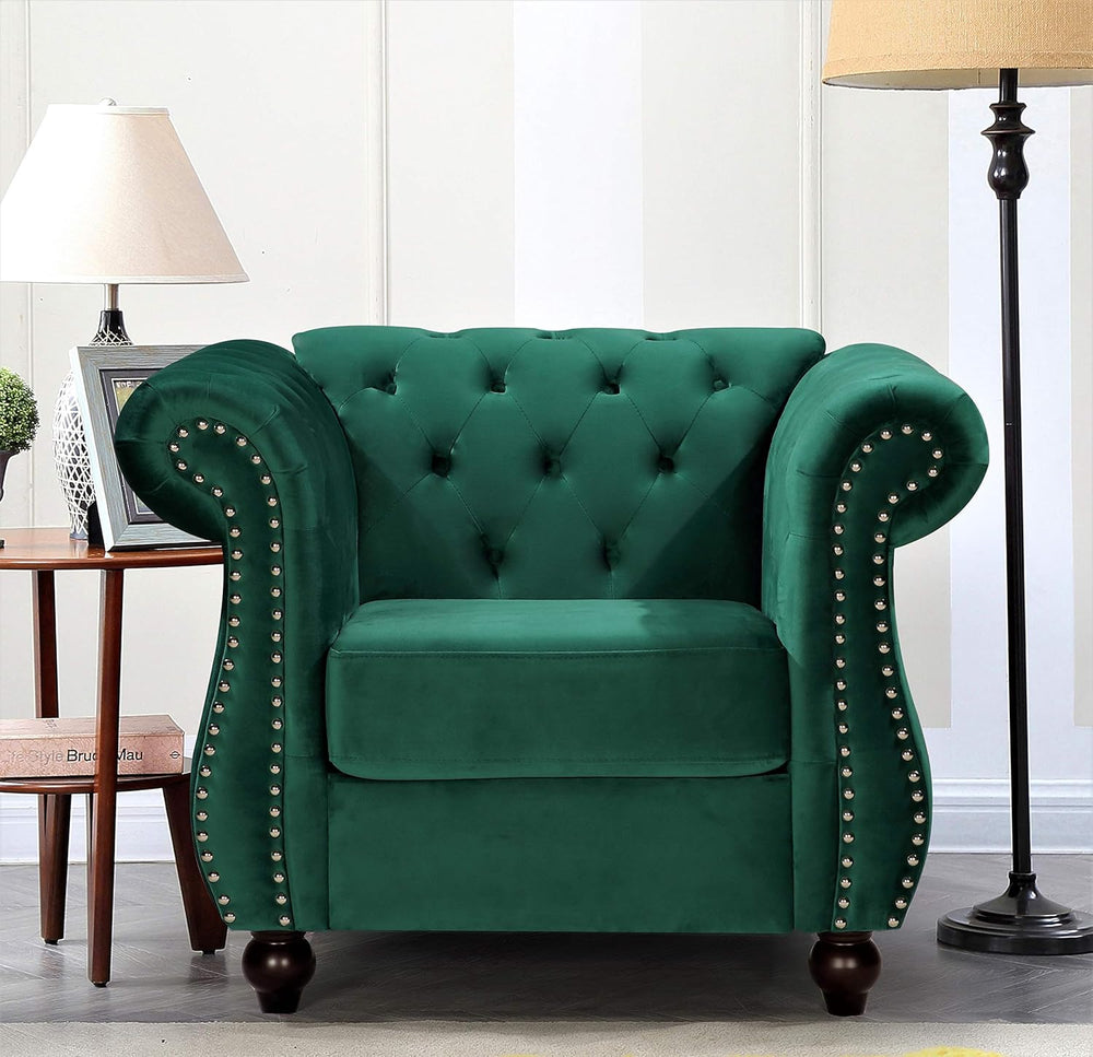 Feinstein Modern Velvet Chesterfield Couches for Living Room with Nailheads, Diamond Tufting & Durable Metal Frame, Chair, Loveseat & Sofa, Green