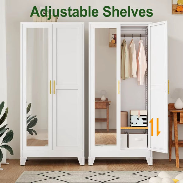 Metal Armoire Wardrobe W/2 Mirror Door, with Adjustable Shelves and Hanging Rod 71"' Wardrobe Cabinet, Wardrobes