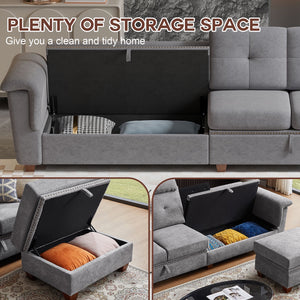 Convertible Sectional Sofa with Storage, 4 Seat L Shaped Couch with Chaise and Cup Holder, Modern Microfiber Fabric Sofas Couches for Living Room, Lightgrey