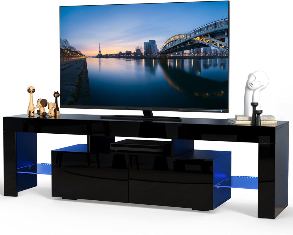 Glossy Led TV Stand Entertainment Center for 55 Inch TV, Modern TV & Media Console Table with Storage Drawer, Flat Screen TV Cabinet, Gaming Consoles for Living Room(63 Inch Black)