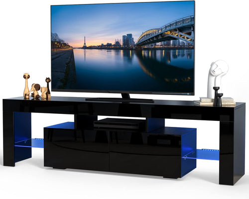 Glossy Led TV Stand Entertainment Center for 55 Inch TV, Modern TV & Media Console Table with Storage Drawer, Flat Screen TV Cabinet, Gaming Consoles for Living Room(63 Inch Black)