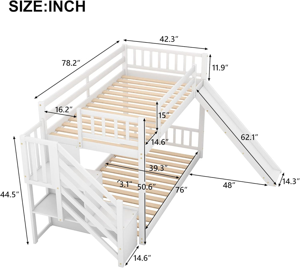 Twin Bunk Bed with Slide, Space Saving Design Bedroom Furniture Wood Twin over Twin Bed Frame with Stairway, Storage and Safety Guard Rail (White)