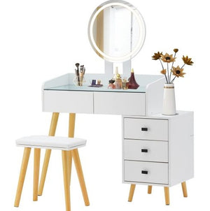 Dressing Table with LED Lights Glass Top Dressing Table with Extendable Side Table 5 Drawers Dressing Table with Mirror and Stool for Bedroom