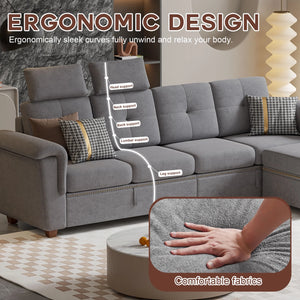 Convertible Sectional Sofa with Storage, 4 Seat L Shaped Couch with Chaise and Cup Holder, Modern Microfiber Fabric Sofas Couches for Living Room, Lightgrey