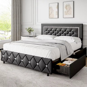Queen Bed Frame with LED Lights, Upholstered Bed Frame with Storage Drawers, Modern Platform Bed with Diamond Headboard and Foot