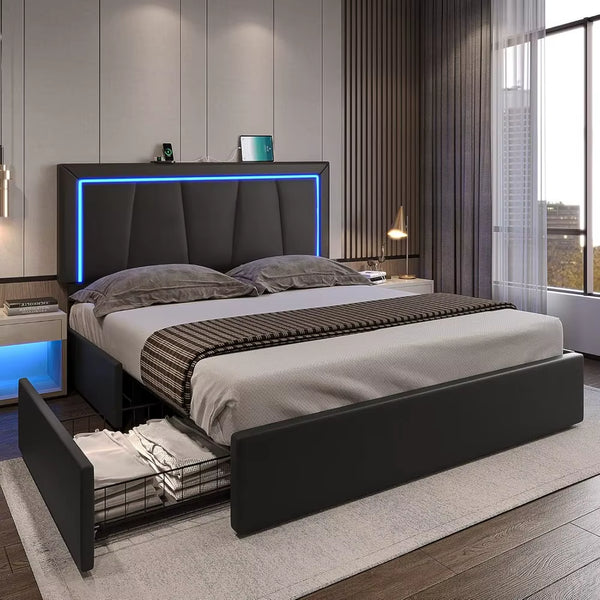 LED Bed Frame with 4 Drawers and USB Ports Modern Upholstered Platform Bed Frame with Storage Faux Leather Storage Bed