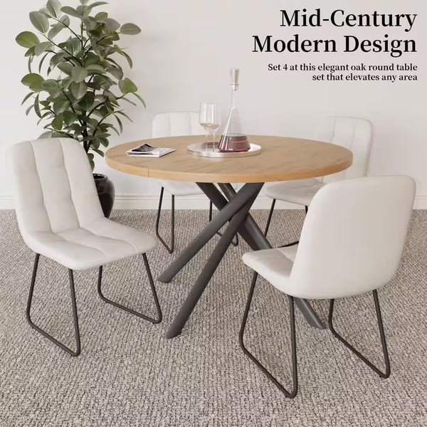 5-Piece White Chairs and round Dining Table, Dining Table Set with 4 PU Chairs