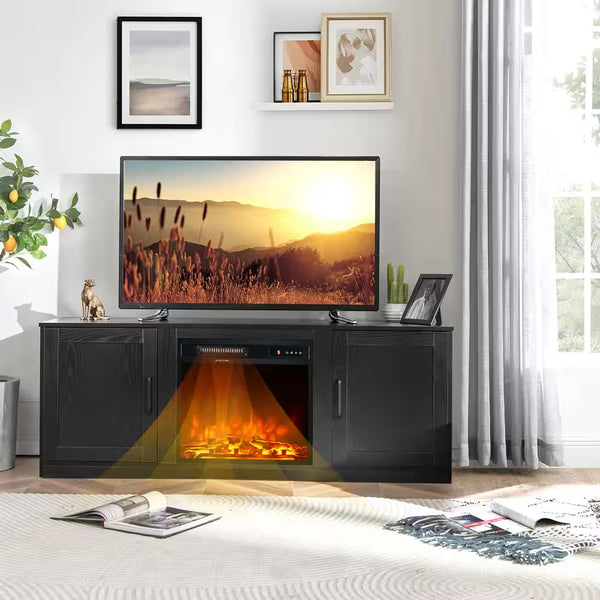58 In. Freestanding Wood Electric Fireplace TV Stand Entertainment Console with 18'' Electric Fireplace in Black