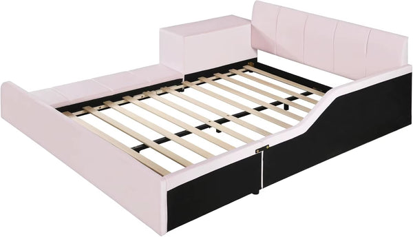 Velvet Upholstered Grounded Bed Platform Bed, Wooden Full Size Mother & Child Bed Frame with Bedside Desk and Little Roun