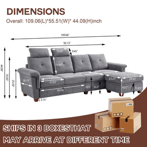 Convertible Sectional Sofa with Storage, 4 Seat L Shaped Couch with Chaise and Cup Holder, Modern Microfiber Fabric Sofas Couches for Living Room, Lightgrey