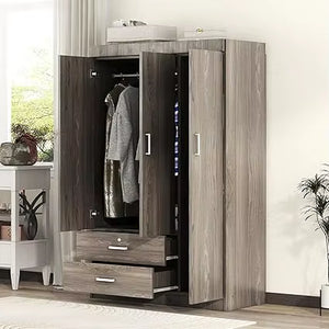 Modern 3-Door Wardrobe with 2 Drawers, Shelves and Hanging Rail, Freestanding Armoire Wardrobe Closet, Clothes Storage Cabinet