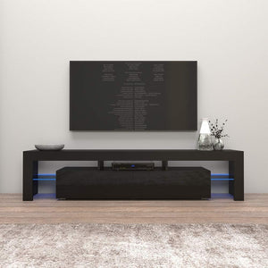Meble Furniture Milano 200 TV Stand - Solo Modern High Gloss TV Stand with Storage Cabinets and LED Lights - Media Entertainment Center Console Stand for Tvs up to 90" - Black/Black