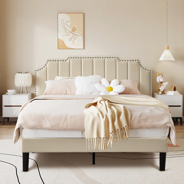 Upholstered Bed Frame Full Queen Platform with Headboard Footboard Wooden Slat