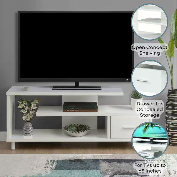 Seal II 59 In.White Particle Board TV Stand with 1-Drawer Fits up to 65 In. TV with Shelves