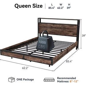 Queen Size Bed Frame with Storage Headboard, Sturdy Metal Platform Bed Frame with LED Lights and Charging Station, Easy Assembly