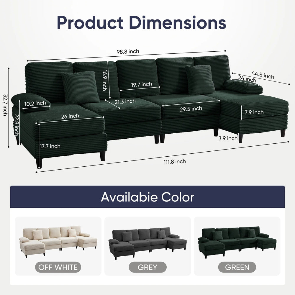 U Shaped Sectional Sofa, Sofas and Couches with Double Chaise, Sectionals for Living Room - Green