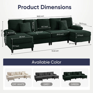 U Shaped Sectional Sofa, Sofas and Couches with Double Chaise, Sectionals for Living Room - Green