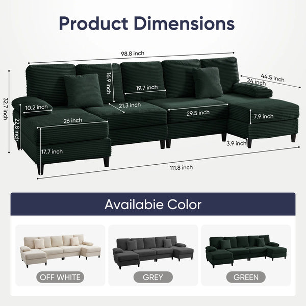 U Shaped Sectional Sofa, Sofas and Couches with Double Chaise, Sectionals for Living Room - Green
