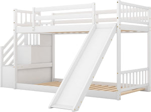 Twin Bunk Bed with Slide, Space Saving Design Bedroom Furniture Wood Twin over Twin Bed Frame with Stairway, Storage and Safety Guard Rail (White)