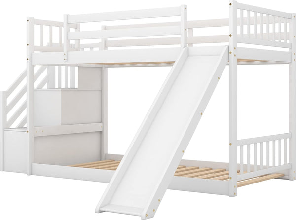 Twin Bunk Bed with Slide, Space Saving Design Bedroom Furniture Wood Twin over Twin Bed Frame with Stairway, Storage and Safety Guard Rail (White)