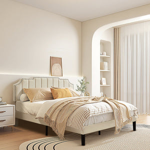 Upholstered Bed Frame Full Queen Platform with Headboard Footboard Wooden Slat