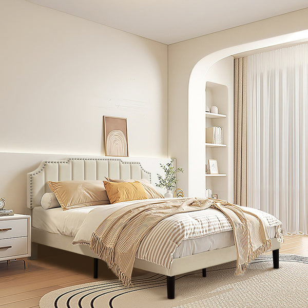 Upholstered Bed Frame Full Queen Platform with Headboard Footboard Wooden Slat