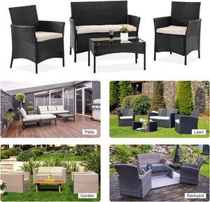 Patio Furniture 4 Pieces Outdoor Rattan Chair Conversation Sets Garden Wicker Sofa Balcony Bistro Sets with Loveseat for Yard Porch Poolside Backyard, Black