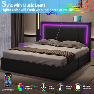 LED Bed Frame with 4 Drawers and USB Ports Modern Upholstered Platform Bed Frame with Storage Faux Leather Storage Bed