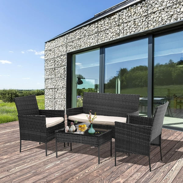 Patio Furniture 4 Pieces Outdoor Rattan Chair Conversation Sets Garden Wicker Sofa Balcony Bistro Sets with Loveseat for Yard Porch Poolside Backyard, Black