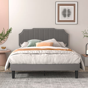 Upholstered Bed Frame Full Queen Platform with Headboard Footboard Wooden Slat