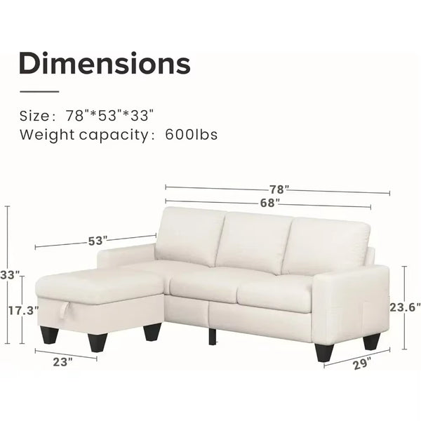 Convertible Sectional Sofa Couch, Modern Linen Fabric Couches for Living, 3 Seat L-Shaped Couch with Storage Ottoman