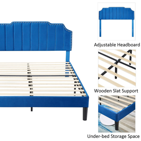 Upholstered Bed Frame Full Queen Platform with Headboard Footboard Wooden Slat