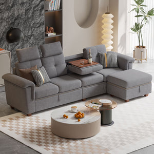 Convertible Sectional Sofa with Storage, 4 Seat L Shaped Couch with Chaise and Cup Holder, Modern Microfiber Fabric Sofas Couches for Living Room, Lightgrey