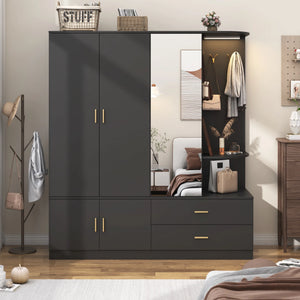 3 Door Armoire Wardrobe Closet with Mirror & Sensor Lights, 70'' Large Wardrobe Armoire with 2 Drawers & Shelves, Modern Wooden Armoire Storage with Hanging Rod for Bedroom, Black
