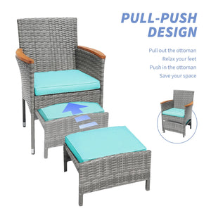 5 Piece Outdoor Patio Furniture Set with Table&Ottoman Outdoor Furniture Patio Set Bistro Wicker Patio Set of 2 Patio Conversation Sets for Porch Balcony Deck(Gray Wicker&Green Cushion)