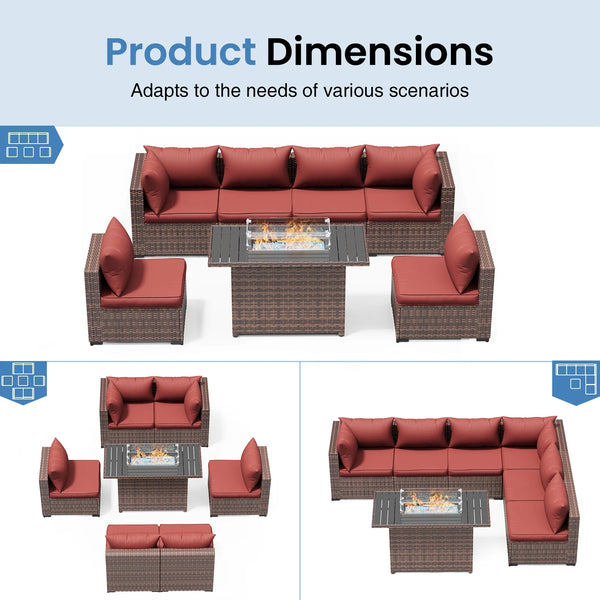 Patio Furniture Set, Outdoor Patio Furniture Wicker Sectional Furniture Couch Set, 9 Pieces Outdoor Sectional Sofa with Fire Pit Table, Outdoor Patio Set for Outdoor Furniture (Burgundy Red)