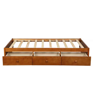 Oak Twin Size Platform Storage Bed with 3 Drawers Storage