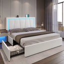 LED Bed Frame with 4 Drawers and USB Ports Modern Upholstered Platform Bed Frame with Storage Faux Leather Storage Bed