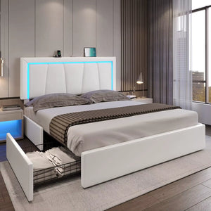 LED Bed Frame with 4 Drawers and USB Ports Modern Upholstered Platform Bed Frame with Storage Faux Leather Storage Bed