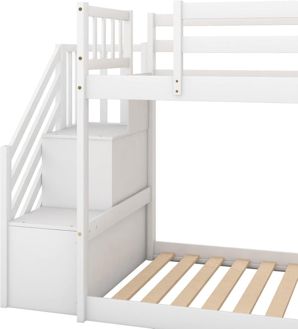 Twin Bunk Bed with Slide, Space Saving Design Bedroom Furniture Wood Twin over Twin Bed Frame with Stairway, Storage and Safety Guard Rail (White)