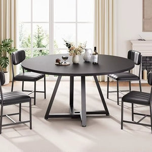 51“ round Kitchen Dining Room Table for 6-8, Circle Dining Dinner Table with Pedestal Metal Frame, Space Saving Wood Furniture
