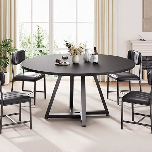 51“ round Kitchen Dining Room Table for 6-8, Circle Dining Dinner Table with Pedestal Metal Frame, Space Saving Wood Furniture