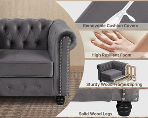 2 Piece Classic Chesterfield 3-Seater Set, Tufted Chair & Loveseat Furniture Solid Wood Legs Thick Cushion, Pet-Friendly Couch Set for Living Room Bedroom Apartment, Velvet Grey