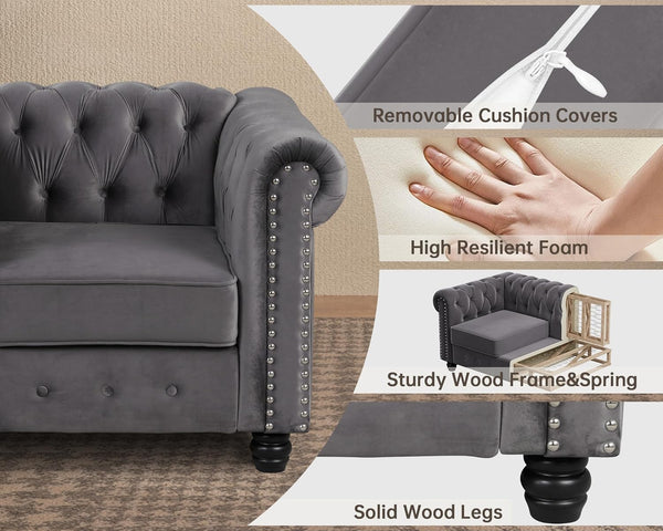 2 Piece Classic Chesterfield 3-Seater Set, Tufted Chair & Loveseat Furniture Solid Wood Legs Thick Cushion, Pet-Friendly Couch Set for Living Room Bedroom Apartment, Velvet Grey