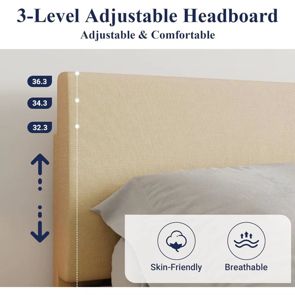 Bed Frame with Adjustable Headboard, Upholstered Platform Bed with Wood Slats, Heavy Duty Mattress Foundation, No Box Spring