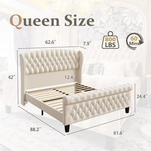 Hisoft Queen Bed Frame, 42" Tall Velvet Upholstered Sleigh Bed with Wingback Headboard & Scrolled Footboard, No Box Spring Neede