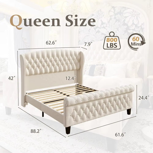 Hisoft Queen Bed Frame, 42" Tall Velvet Upholstered Sleigh Bed with Wingback Headboard & Scrolled Footboard, No Box Spring Neede