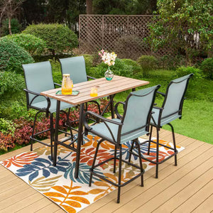 5-Piece Metal Outdoor Patio Bar Height Dining Set with Sling Swivel Chairs and Rectangle Brown Slat Tabletop
