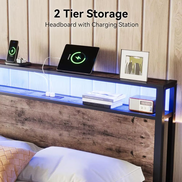 Queen Size Bed Frame with Storage Headboard, Sturdy Metal Platform Bed Frame with LED Lights and Charging Station, Easy Assembly