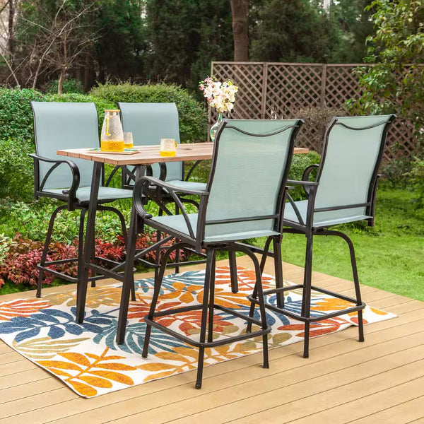 5-Piece Metal Outdoor Patio Bar Height Dining Set with Sling Swivel Chairs and Rectangle Brown Slat Tabletop